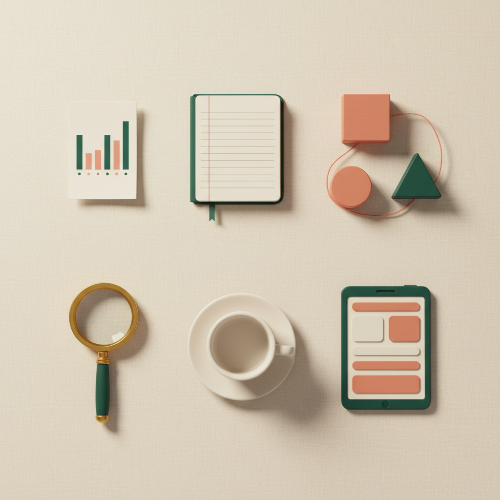 Stylized 3D top-down flat-lay illustration on warm cream linen showing the SEO content writer's toolkit — a keyword bar chart printout, an open content brief notebook, a schema diagram of forest-green and coral geometric blocks linked by string, a brass magnifying glass, a ceramic coffee cup, and a tablet showing a dashboard mockup — in deep forest green, coral salmon, and pale rose accents, representing what a full-stack SEO content writing service actually delivers