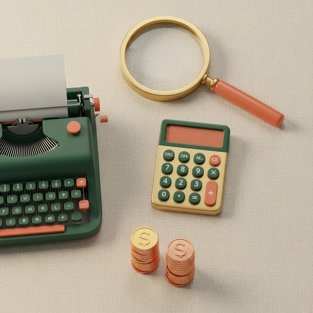 ToneRank illustration: budget calculator, typewriter, coins and magnifying glass on cream linen — value calculation for affordable SEO content writing, in deep forest green and coral, Pixar-style 3D editorial flat-lay
