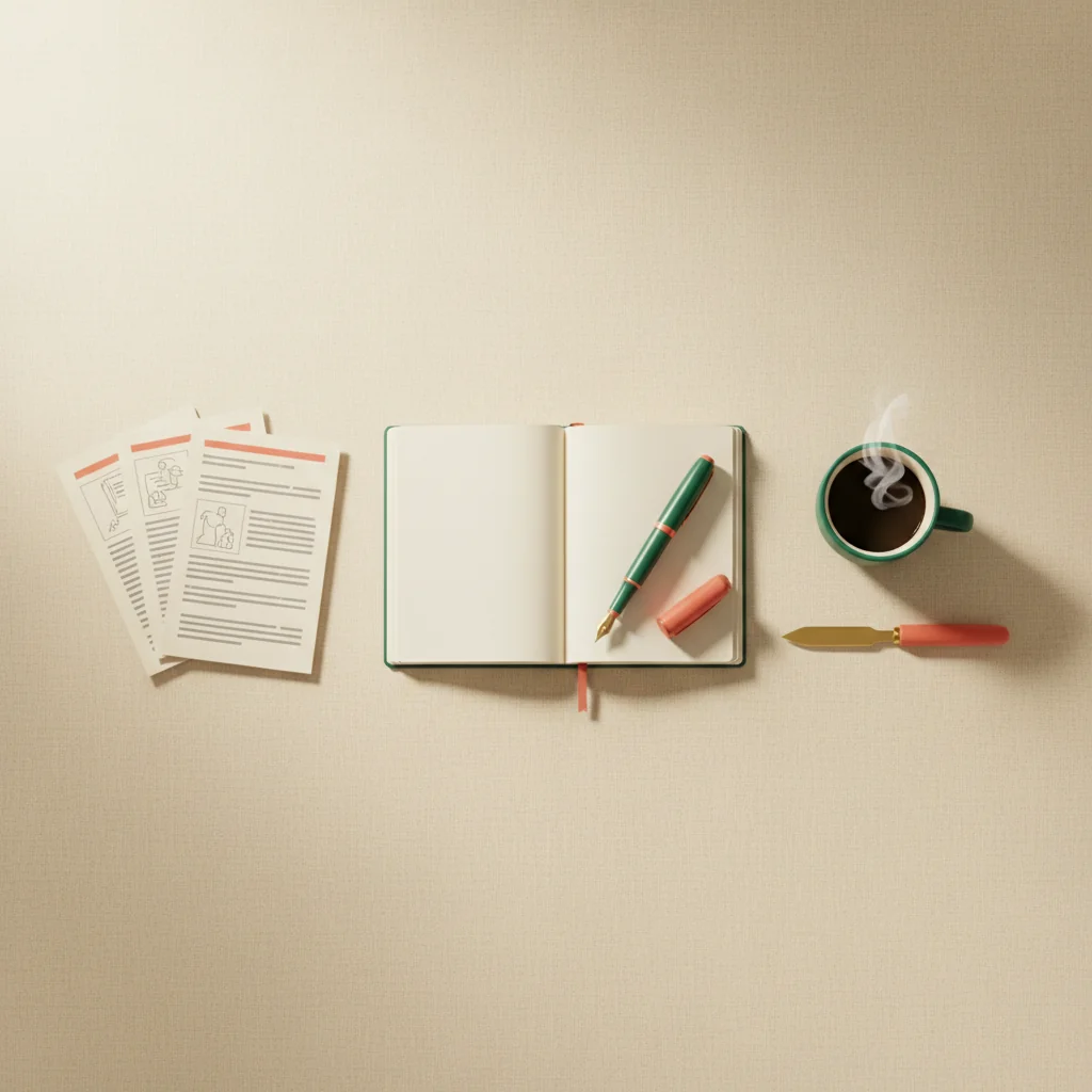 ToneRank illustration: open notebook, fountain pen, printed article pages and coffee cup on cream linen — quality SEO article writing service, in deep forest green and coral, Pixar-style 3D editorial flat-lay