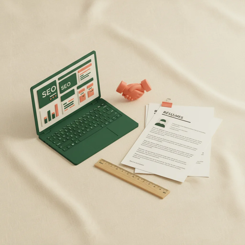 ToneRank illustration: résumé stack, laptop, handshake figurine and measuring ruler on cream linen — deciding whether to hire an SEO copywriter or agency, in deep forest green and coral, Pixar-style 3D editorial flat-lay