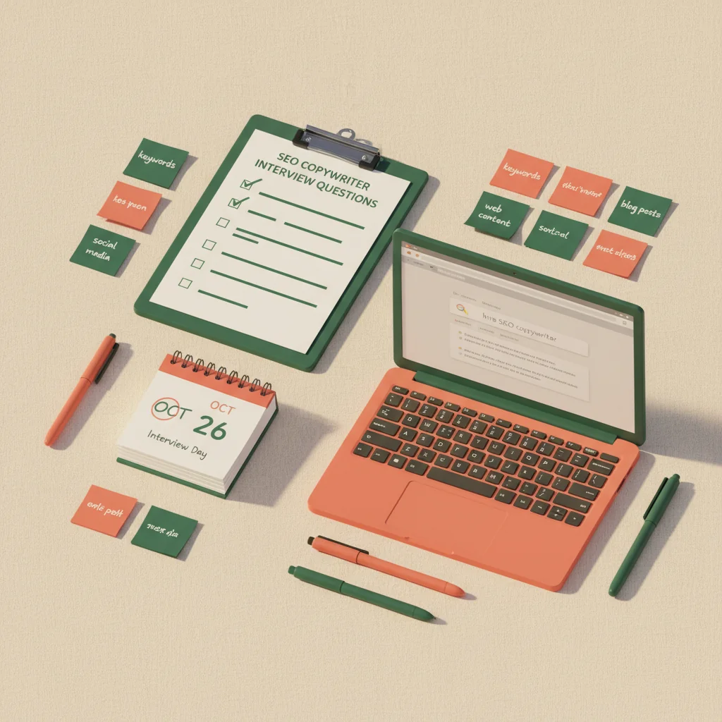 ToneRank illustration: interview clipboard, desk calendar, laptop and sticky notes on cream linen — hiring process for an SEO copywriter, in deep forest green and coral, Pixar-style 3D editorial flat-lay
