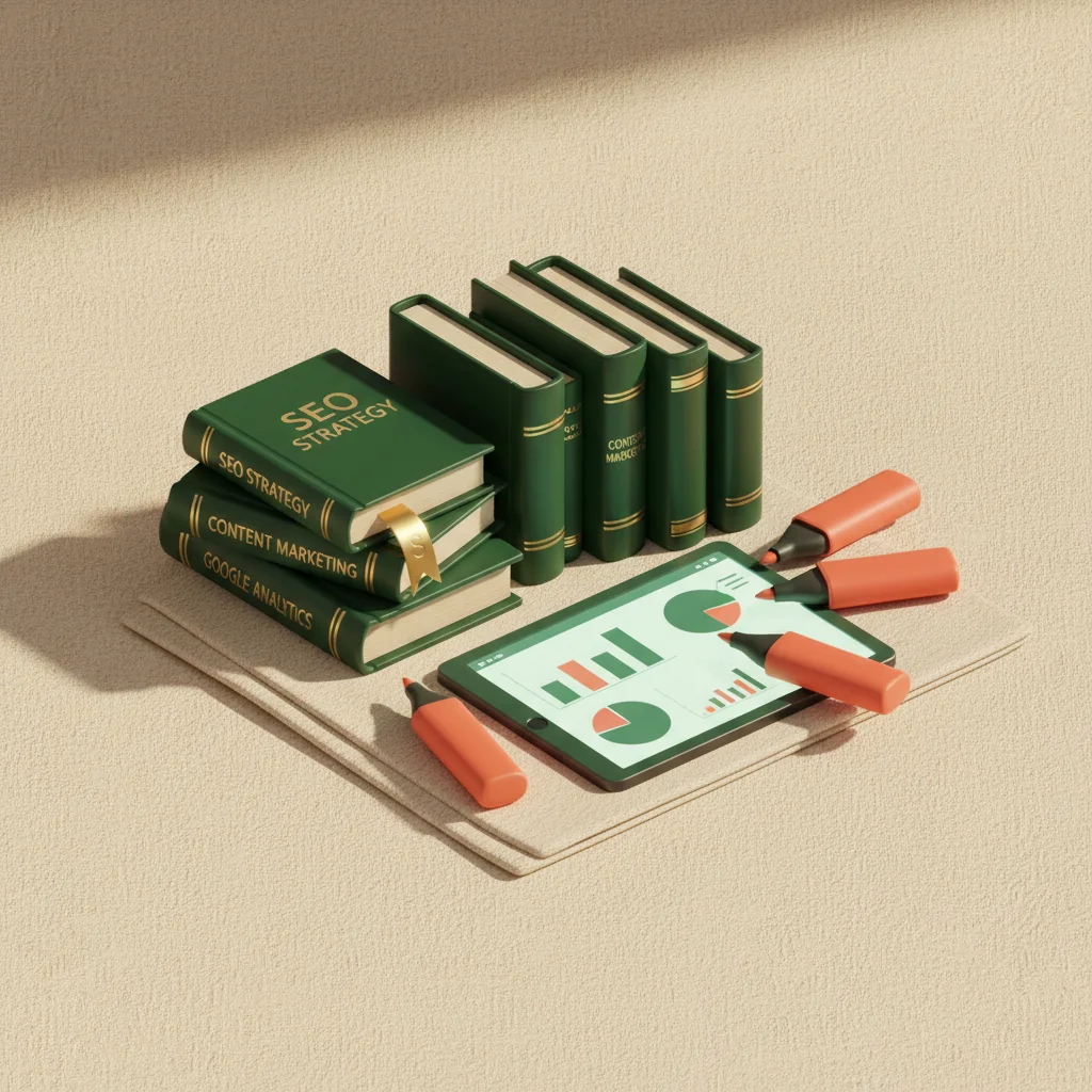 ToneRank illustration: forest green SEO books, analytics tablet and coral highlighter pens on cream linen — curated SEO content marketing resources, in deep forest green and coral, Pixar-style 3D editorial flat-lay
