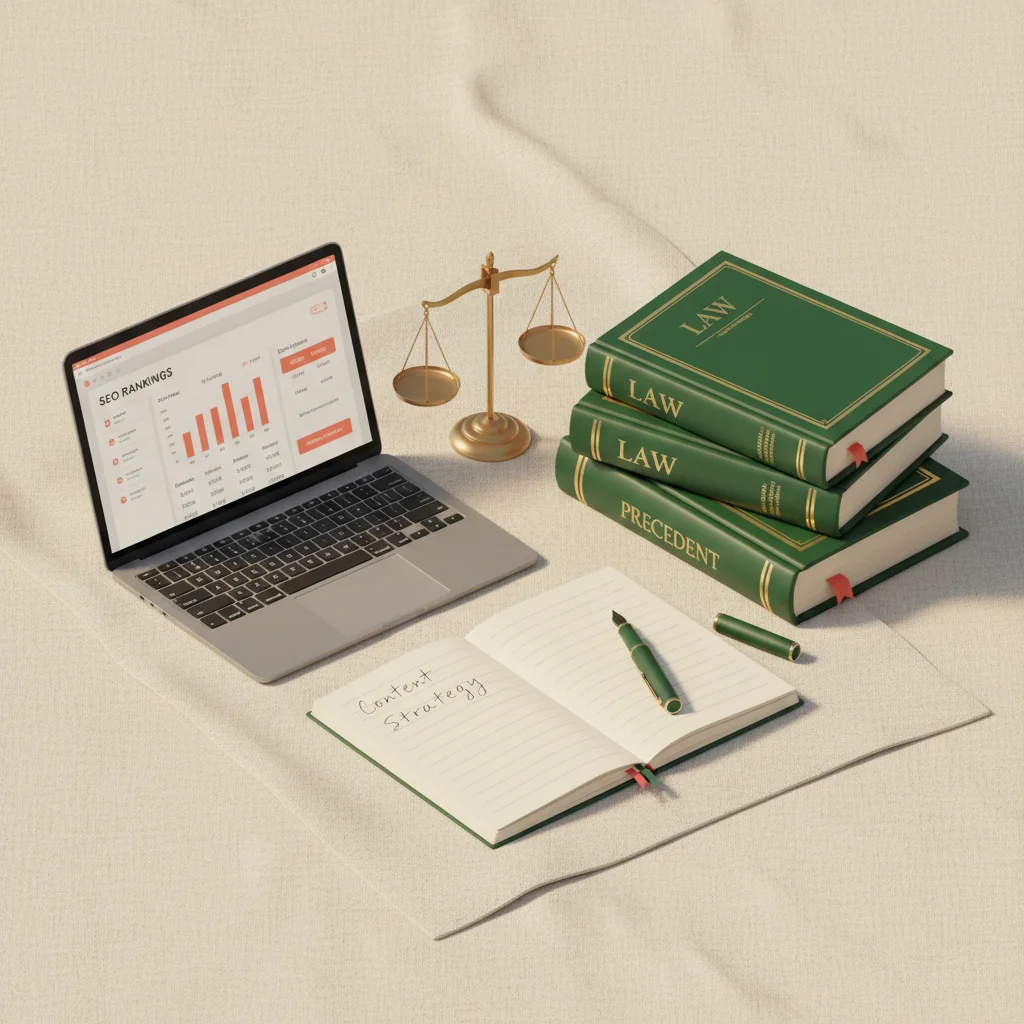 ToneRank illustration: law books, legal scales, laptop with rankings dashboard and fountain pen on cream linen — law firm SEO content writing, in deep forest green and coral, Pixar-style 3D editorial flat-lay