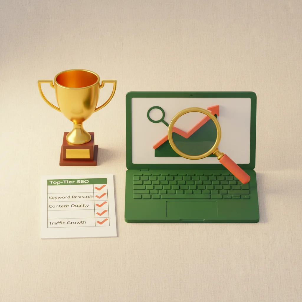 ToneRank illustration: gold trophy, comparison chart with checkmarks, forest green laptop and magnifying glass on cream linen — evaluating top SEO copywriting services, in deep forest green and coral, Pixar-style 3D editorial flat-lay