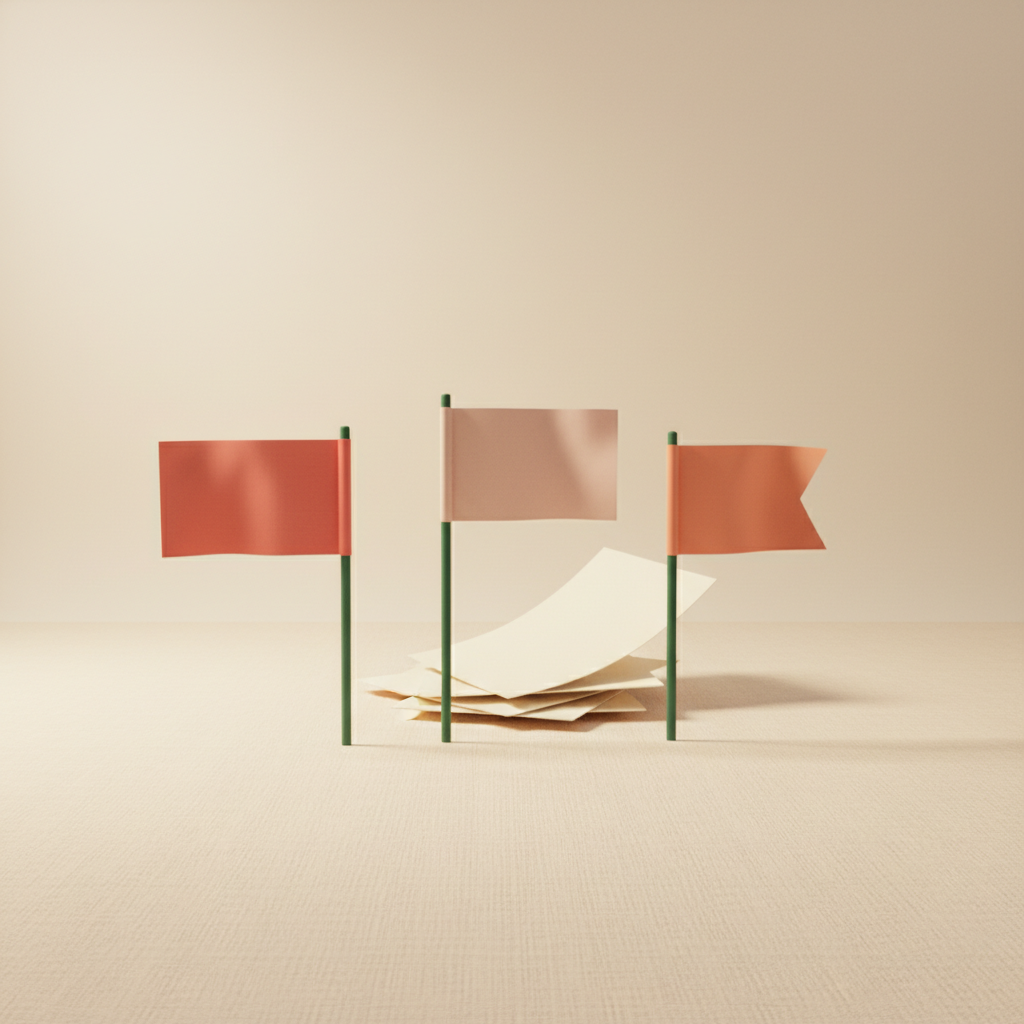 Stylized 3D illustration of three small editorial flags planted on warm cream linen — coral salmon, pale rose, and warm coral — with a soft pile of blank ivory paper sheets fluttering behind, representing the three red flags to avoid when hiring an SEO content writer